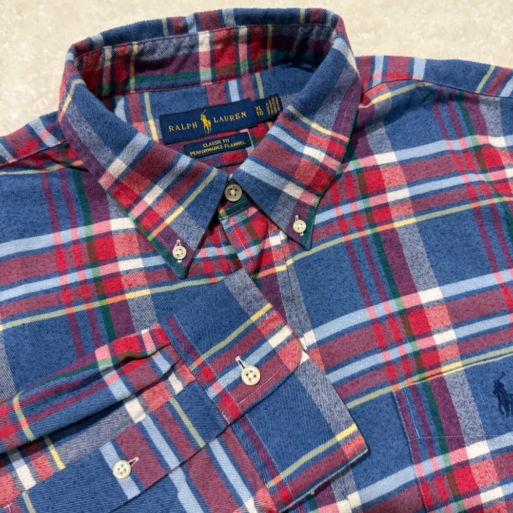 Ralph Lauren Button Down Men XL Blue Red Plaid Classic Performance Flannel Shirt